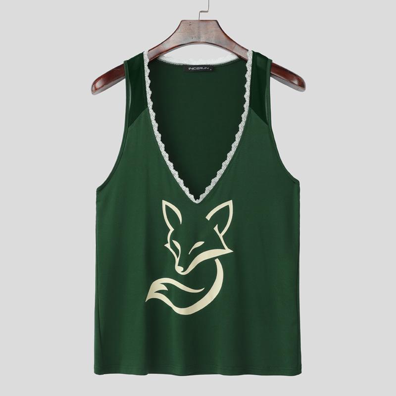 INCERUN Summer Men Deep V Neck Sleeveless Lace Hem Print Casual Tank Tops