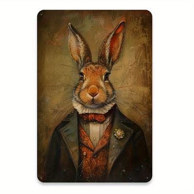 Cartello in Latta Metallica Vintage con Coniglio Gentiluomo Elegante: Una Decorazione Murale Fantasiosa per Sala da Pranzo, Casa, Foresta o Pareti del Giardino
