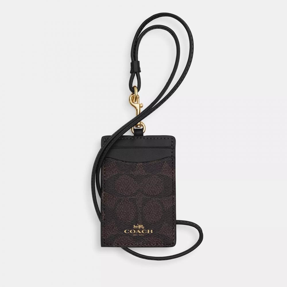 Coach Id Lanyard In Signaure Canvas Gold Walnut Black
