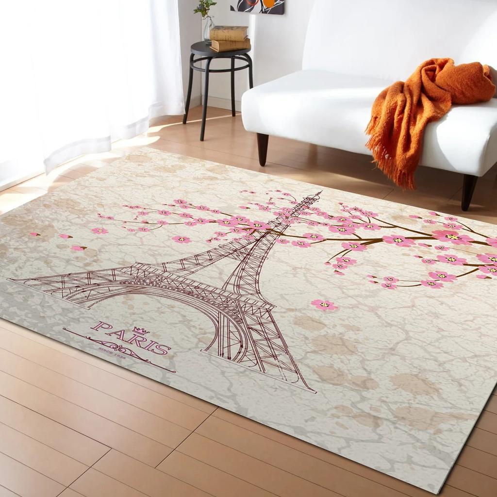 Pink Cherry Blossom Rug Romantic Floral Spring Carpet Non Slip Floor Mat for Girl's Bedroom, Bedside Living Room