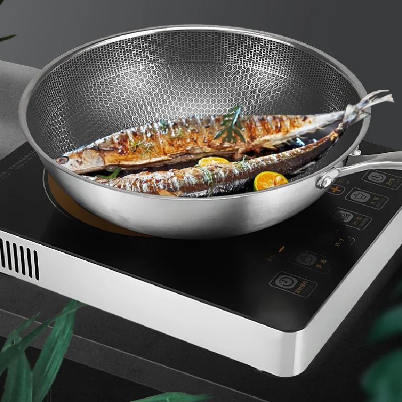 430 Stainless Steel Wok Skillet Thick Honeycomb Handmade Frying Pan Non-Stick Non Rusting Gas/Induction Cooker kitchen cook