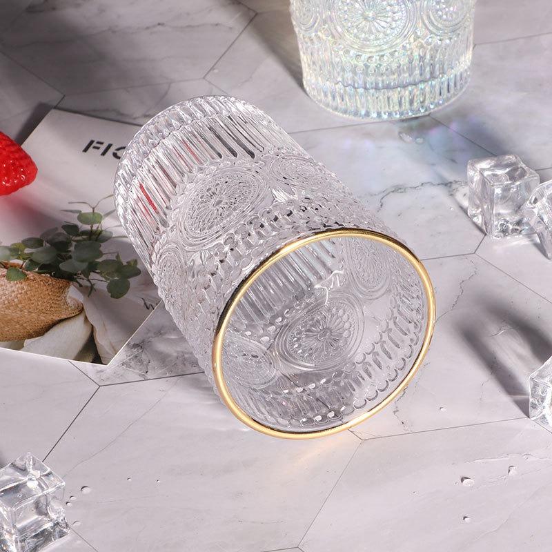 300ml/350ml Golden Edged Glass Cup Coffee Mug Exquisite Whiskey Glass Sunflower Patterned Cocktail Glass Nordic Style Water Cup