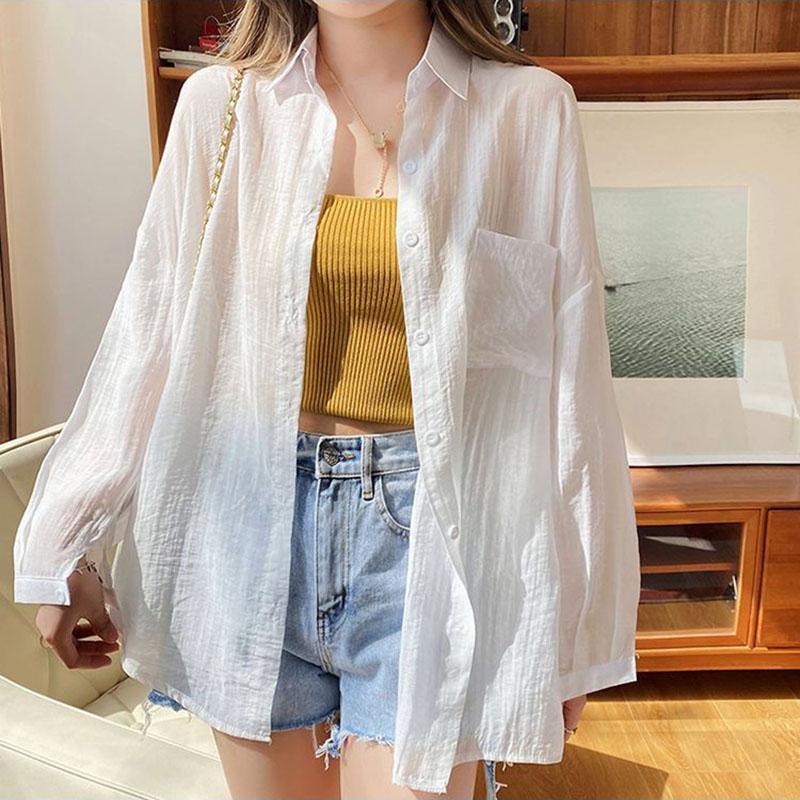 Cárdigan Fino de Manga Larga Protección Solar para Mujer Casual Blanco Camisa Protectora Solar Verano Todo Combina Estilo Perezoso Suelto Camisas de Gasa