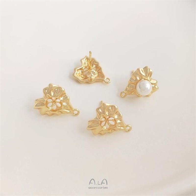 14K Copper-Plated Gold Lace Heart Bead Holder with Dangle Earrings & 925 Silver Needle for DIY Pearl Earrings