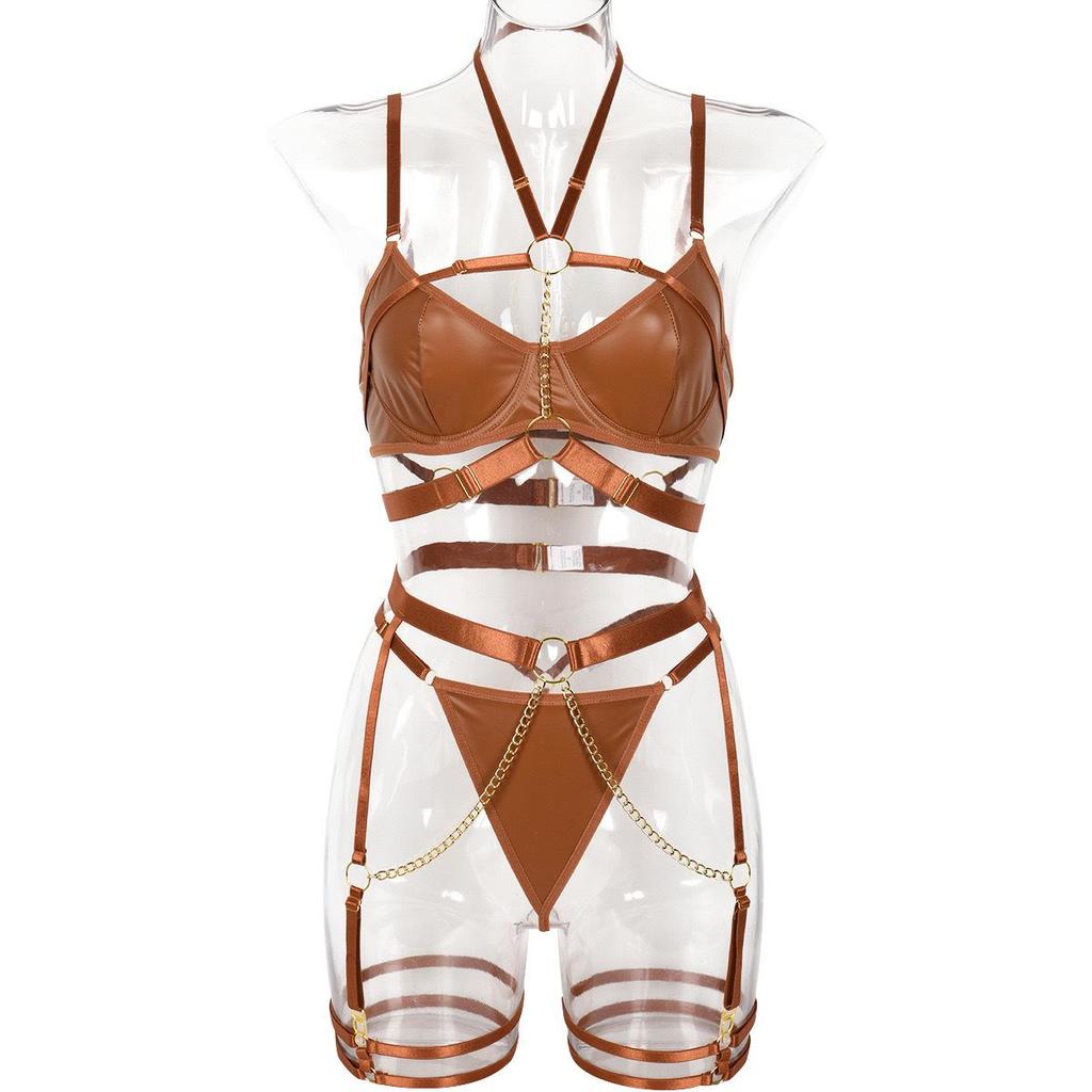 Soft Leather Chain Spliced Sexy Women's Lingerie Set