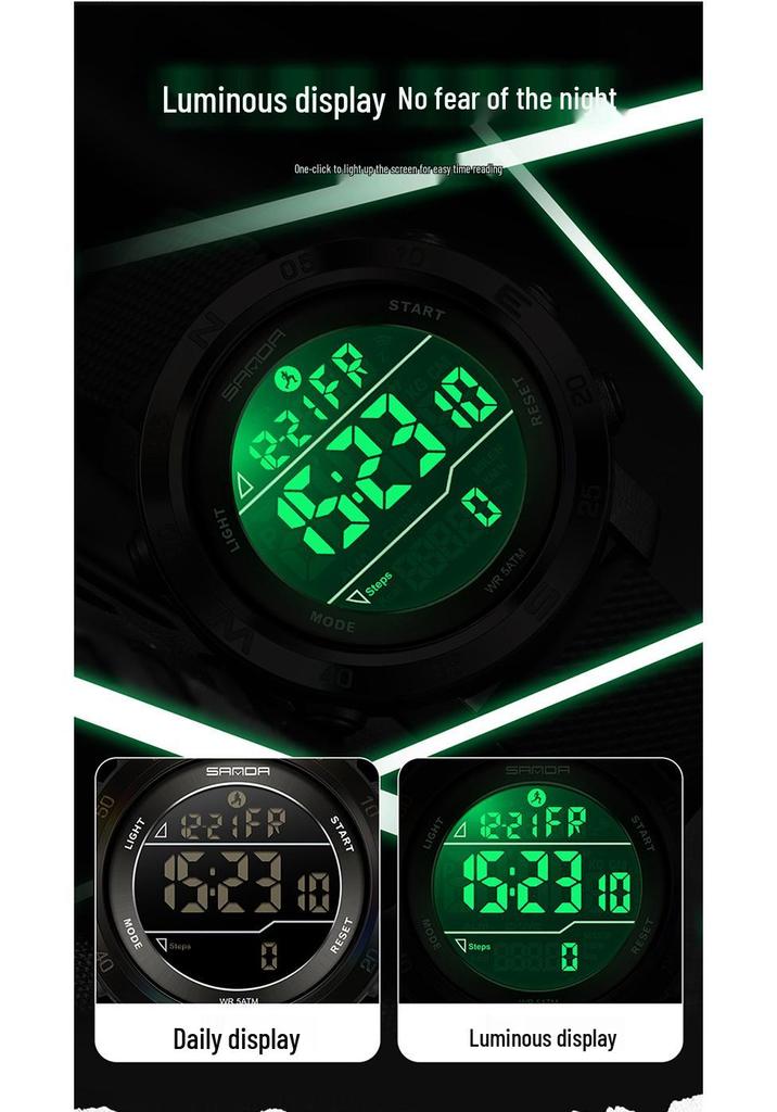 Sanda Sports Multifunctional Waterproof Pedometer Watch with Timer, Alarm, and Night Light