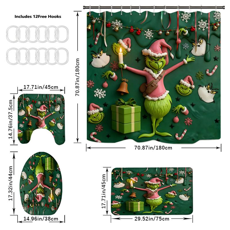 4PCS Shower Curtain Sets With Shower Curtain And Rugs Toilet Lid Rug U Shape Mat And Bath Mat Bathroom Set With 12 Hooks