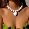 Übertriebene Metall-Herz-Anhänger-Halskette für Damen, Modische Acryl-Rundperlen, Verstellbare Kette, Halskette, Party-Schmuck, Geschenk