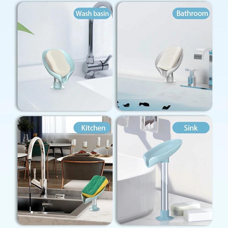 New Leaf Shape Soap Box Drain Soap Holder Bathroom Accessories Suction Cup Soap Dish Tray Soap Dish for Bathroom Soap Container