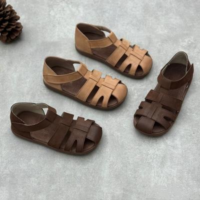 Płaskie sandały z prawdziwej skóry Retro ręcznie tkane buty damskie ze skóry bydlęcej z miękką podeszwą w jednolitym kolorze