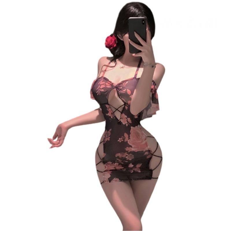 Sexy lingerie sexy rose print strap hip skirt women's pure desire perspective uniform seduction pajamas 1111