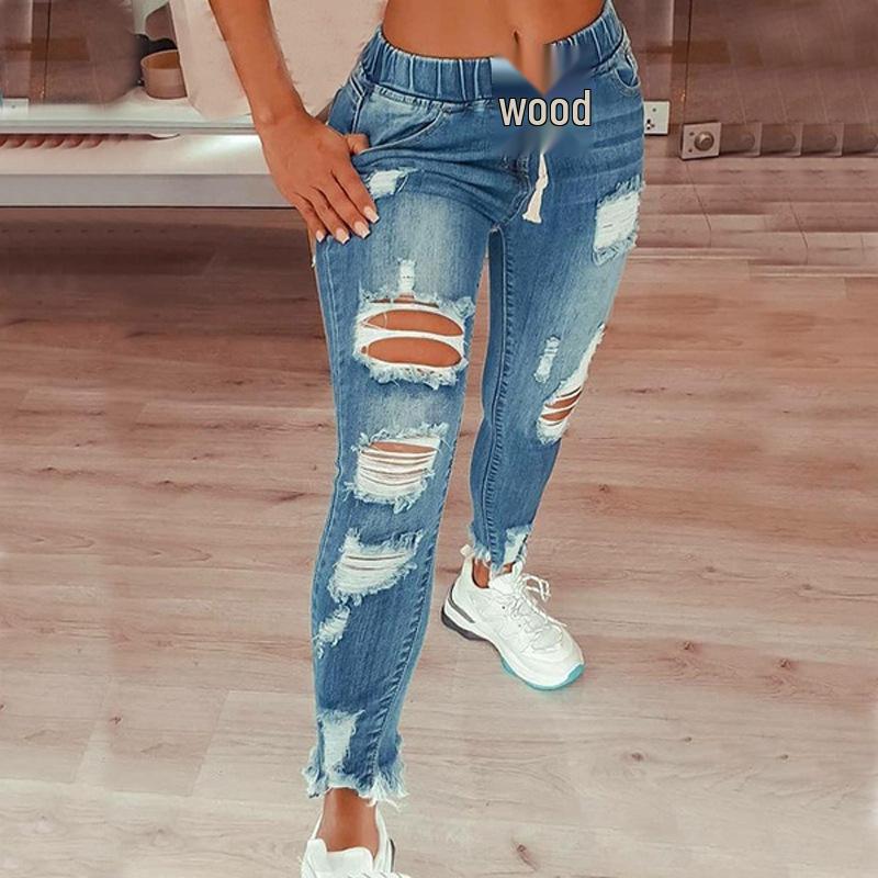 Jeans da Donna 2023 a Vita Alta Strappati Elasticizzati con Lacci in Pizzo