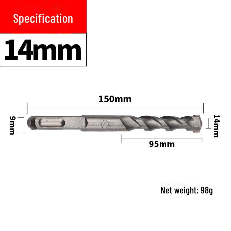 Impact Hammer Drill Bit for Drilling Through Concrete and Cement Walls with Round and Square Handles, Two Pits, and Two Grooves.
