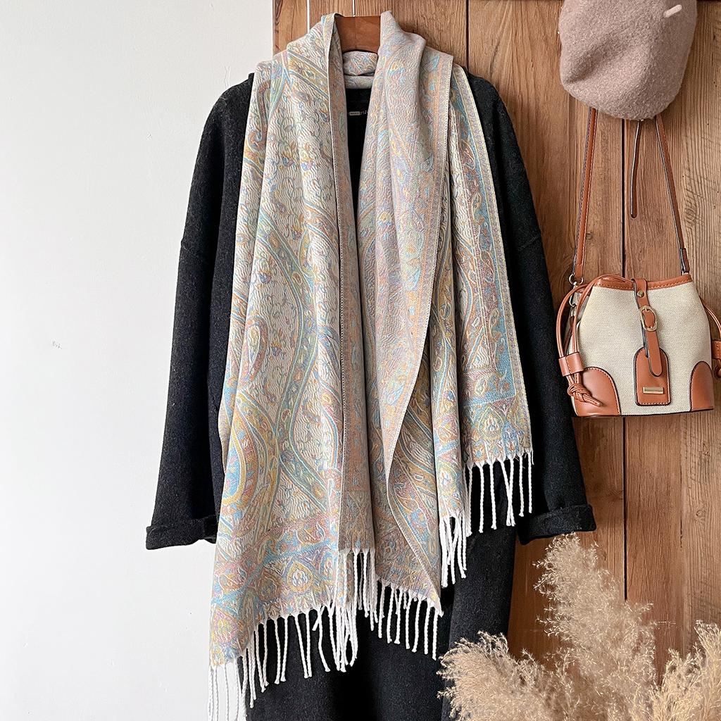 Fashion Winter Cashmere Shawl For Women - Tasseled Vintage Oil Painting Floral Printed Pashmina Thick Wrap, Scarf & Echarp