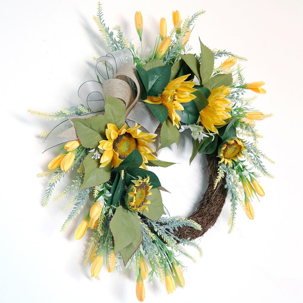 22'' Artificial Sunflower Wreath for Front Door Summer Wreath with Burlap Bow Silk Flower Wreath with Leaves for Home Decoration