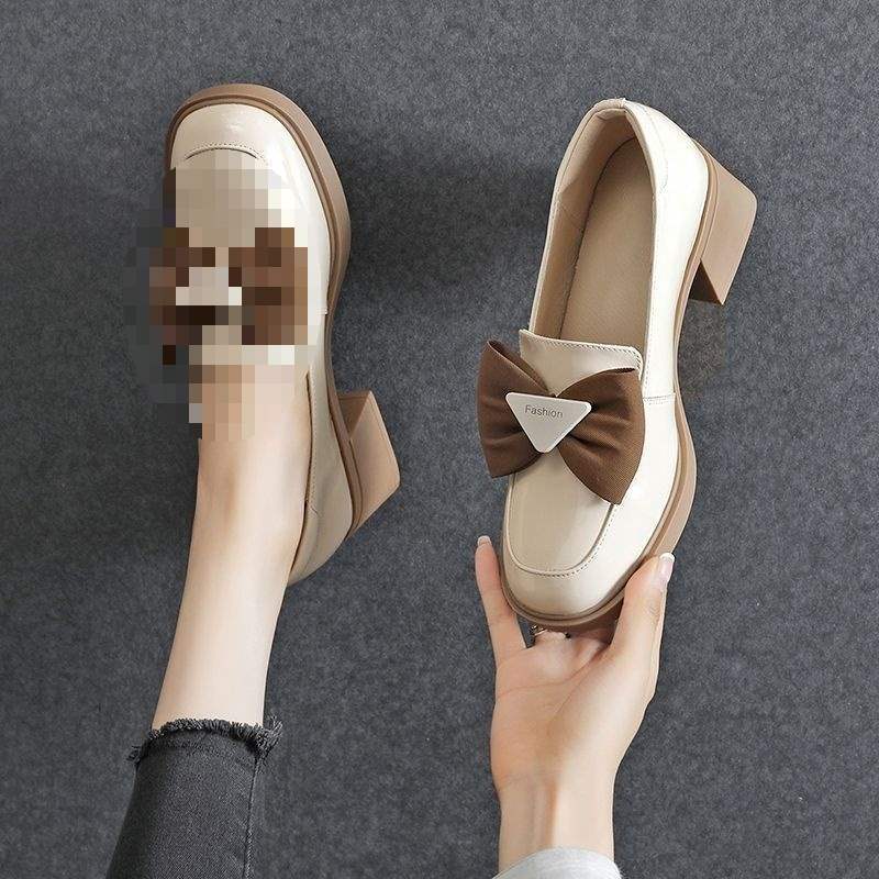 Real soft leather British style single shoes women's thick heel new autumn and winter bow middle heel women's shoes square head small leather shoes