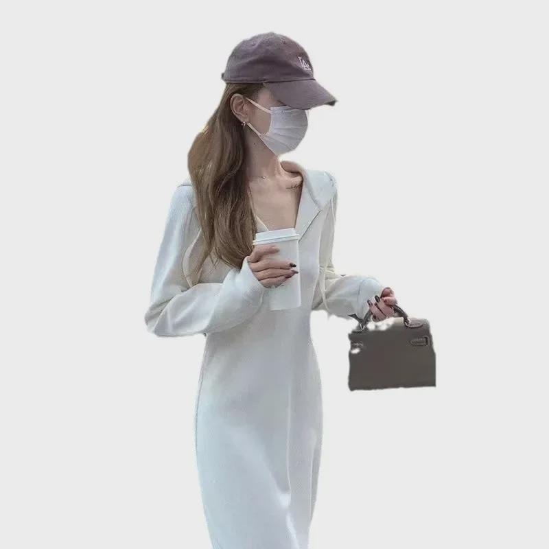 Trendy francouzské bílé šaty s kapucí pro ženy - nový jarní/podzimní dlouhý styl