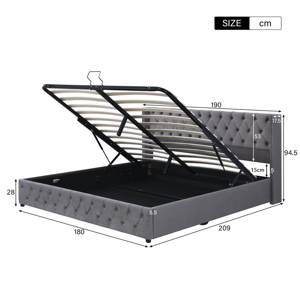 Lit rembourré Forme ailes Rangée de rivets doubles Velours, Coutures capitonnées Tête et pied de lit, Lit double 180*200 Fonction hydraulique Lit, Gris