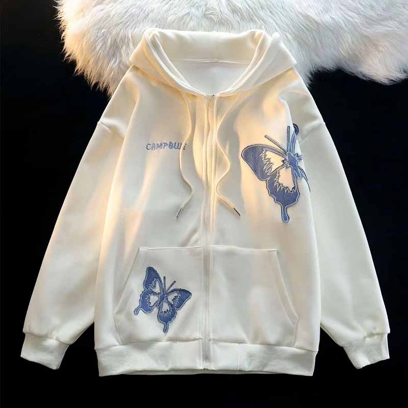 Coat for Women Cotton Casual Oversize Butterfly Zipper Outer Long Sleeve Hooded Sweatshirt Jacket