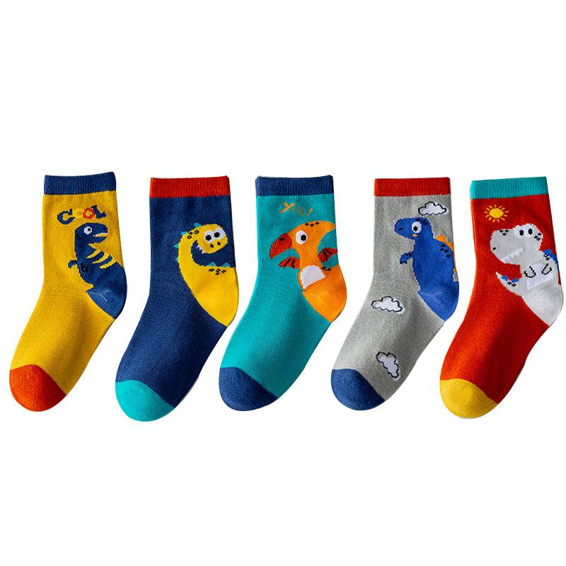 

5 пар детских носков, милые мультяшные, тема динозавров, для малыша, средней длины, хлопковые, мягкие, для младенца, весна-осень, детские, студенческие, напольные носки S(1-3 years)