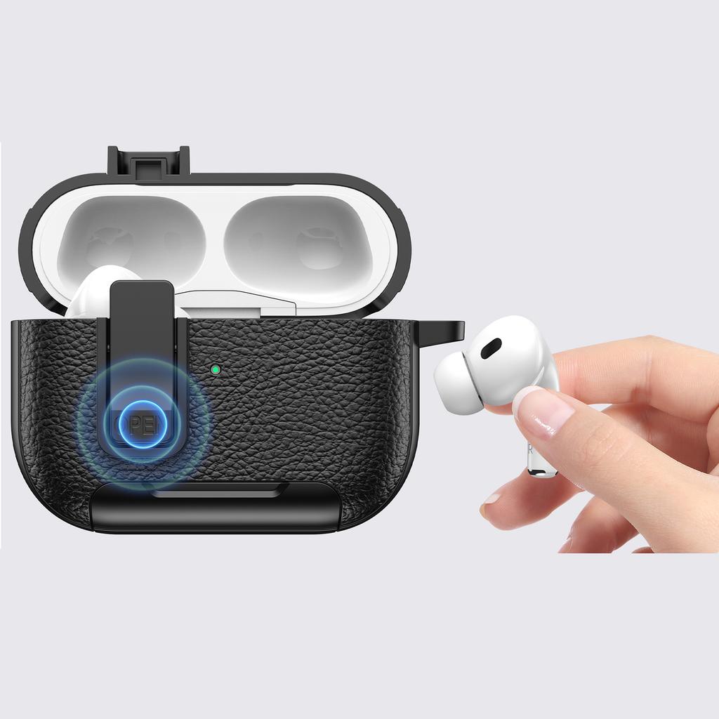 For Apple AirPods Pro Protective Case with Stand Litchi Texture Leather TPU + PC Earphone Cover with Lock Buckle and Carabiner
