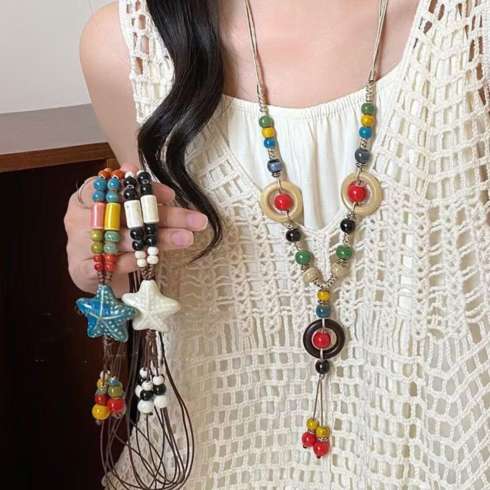 Colorful Beads Long Sweater Chain Ceramic Bohemian Style Necklace Ethnic Style Necklace  Women