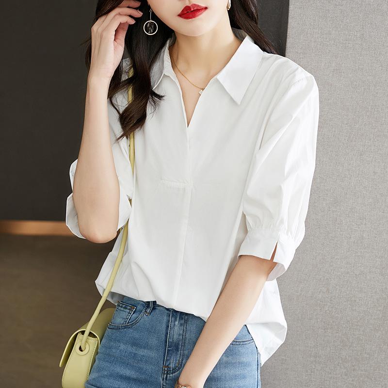 White Shirt Women's Middle Sleeve Summer Clothing Korean V-neck Pullover Top Fashionable and Elegant Commuting Temperament Pure Cotton Shirt
