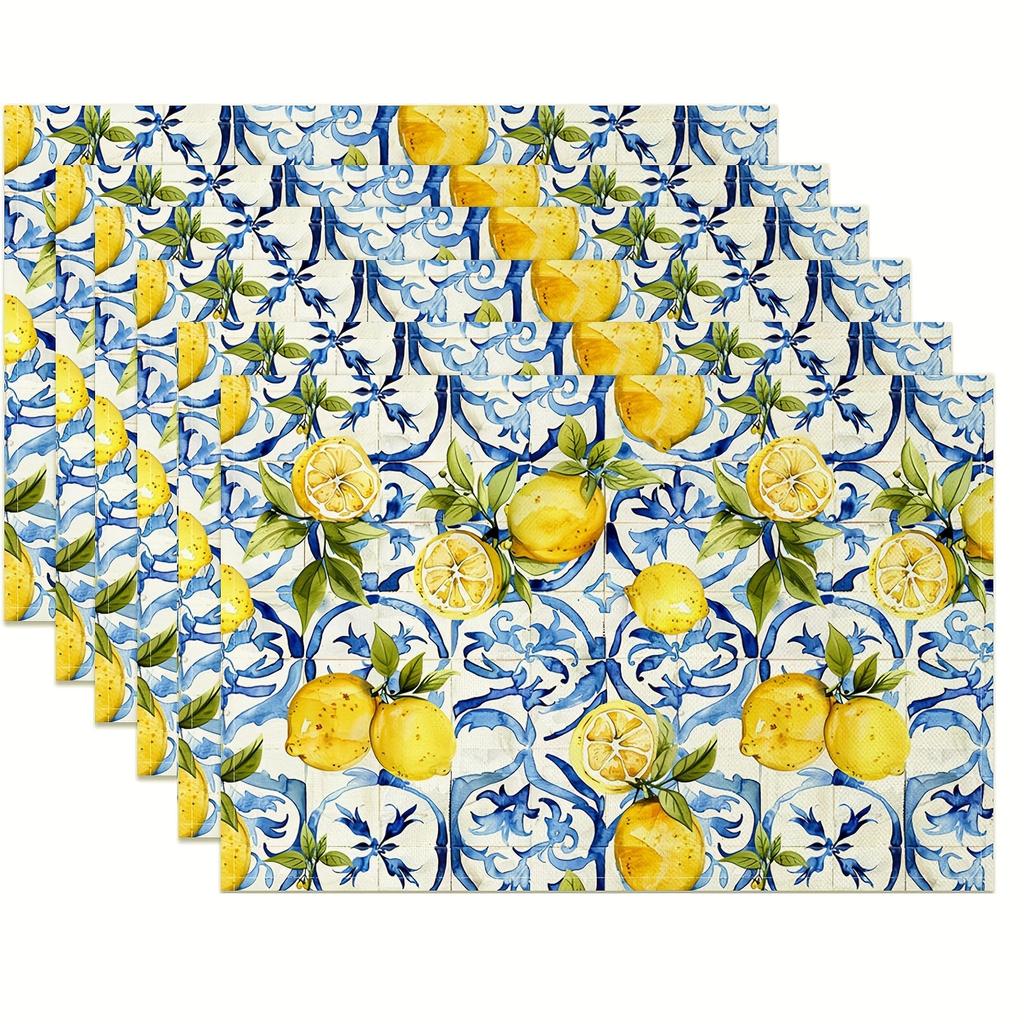 4/6pcs Set of Blue and Yellow Lemon Placemats with Vibrant Fruit and Floral Pattern in Blue Tile. Suitable for Home Kitchen, Restaurant, Party, Indoor
