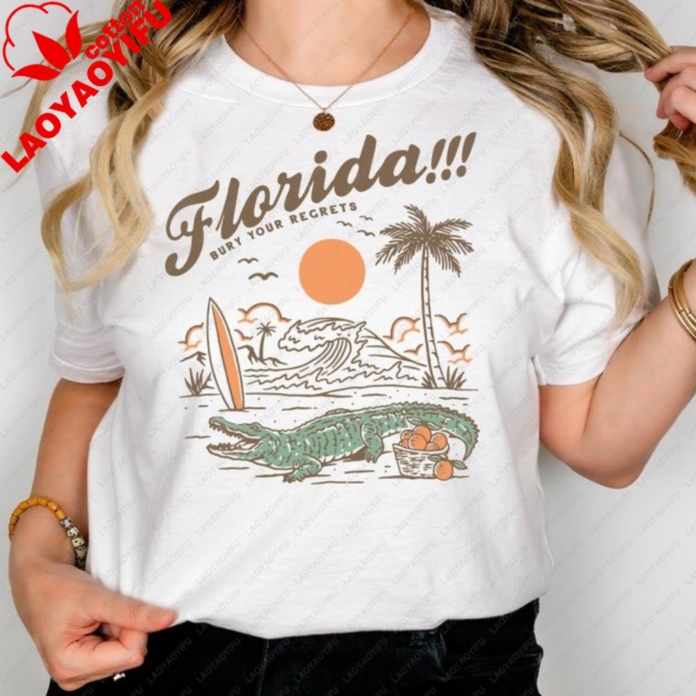 Funny Florida Bury Your Regrets Graphic Tshirt Summer Vacation Unisex Cotton Short Sleeve Florida Getaway Casual Daily Outfit
