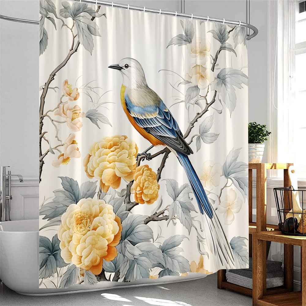 

Birds Shower Curtain Elegant Home Decor For Bathroom Flowers Blossom Branched Floral Pink Polyester Bathtub Curtain With Hooks W60H190(CM)-1 Pcs