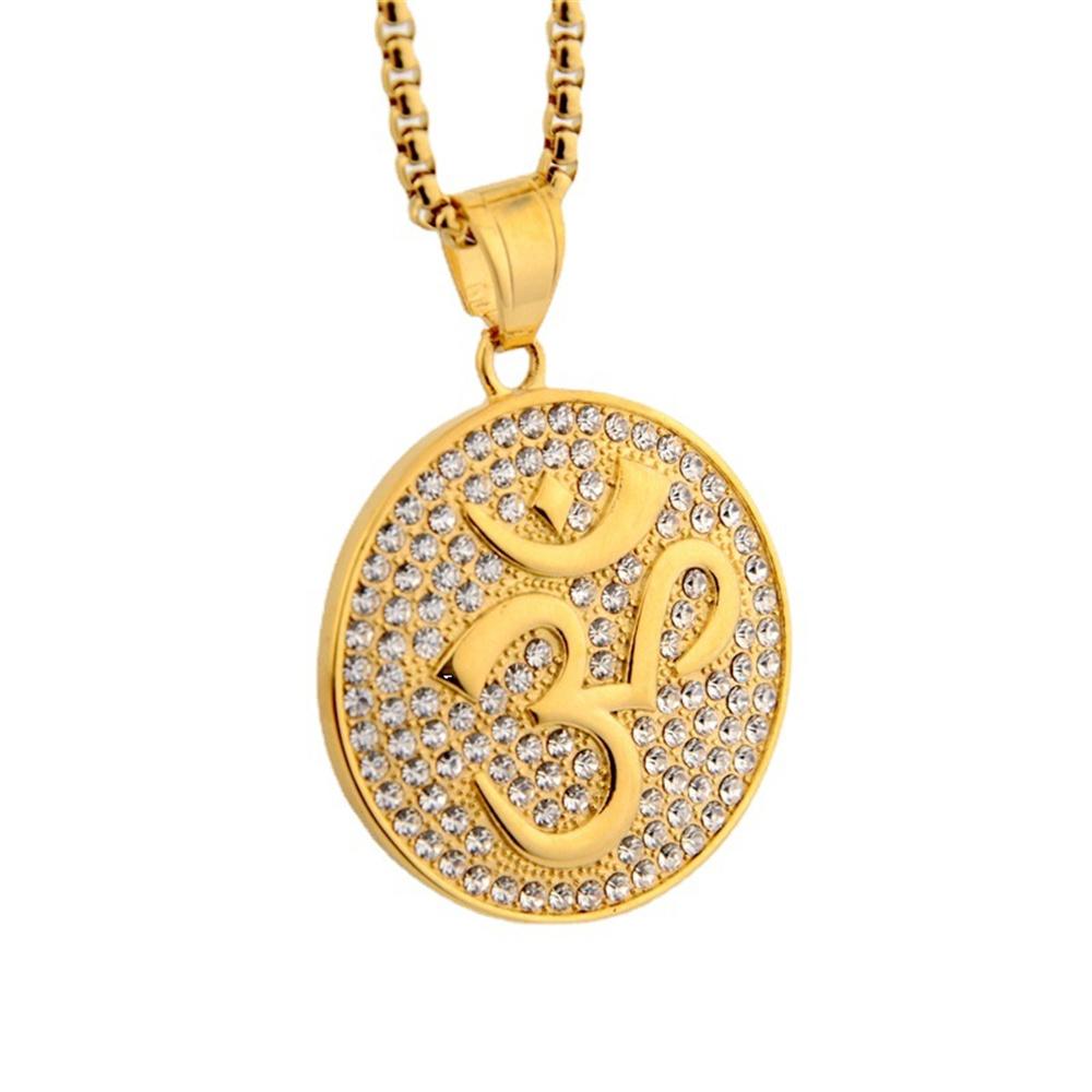 Hip Hop Iced Out Bling Buddhist Yoga Pendant Gold Color Stainless Steel OHM Hindu AUM OM Round Necklaces for Men Jewelry Gift