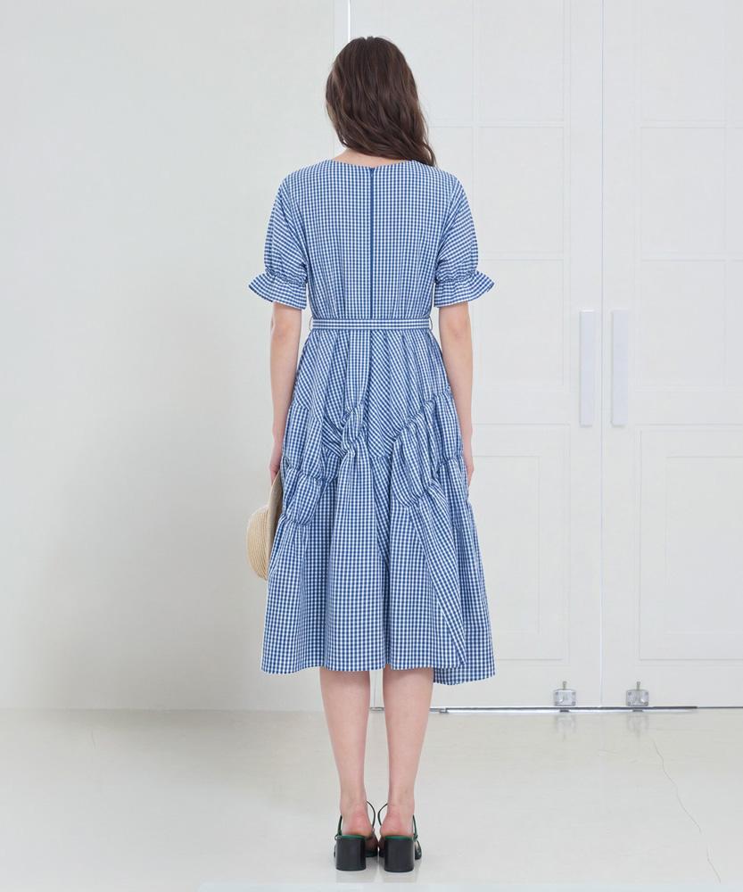 LBYL Sky Blue Check Shirred Dress