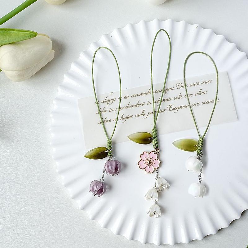 Sweet Cute Tulip Flower Lanyard Mobile Phone Case Keychain Car Key Chains Women Handbag Valley Lily Cherry Blossom Hang Pendant