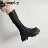 Zimní Teplé Plyšové Dámské Rytířské Dlouhé Boty Módní Platforma Kozačky po Koleno Stručné Hranaté Podpatky Boty