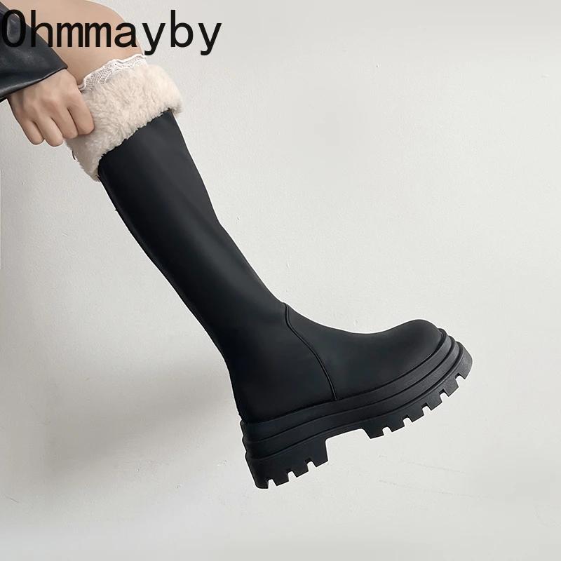 Zimní Teplé Plyšové Dámské Rytířské Dlouhé Boty Módní Platforma Kozačky po Koleno Stručné Hranaté Podpatky Boty
