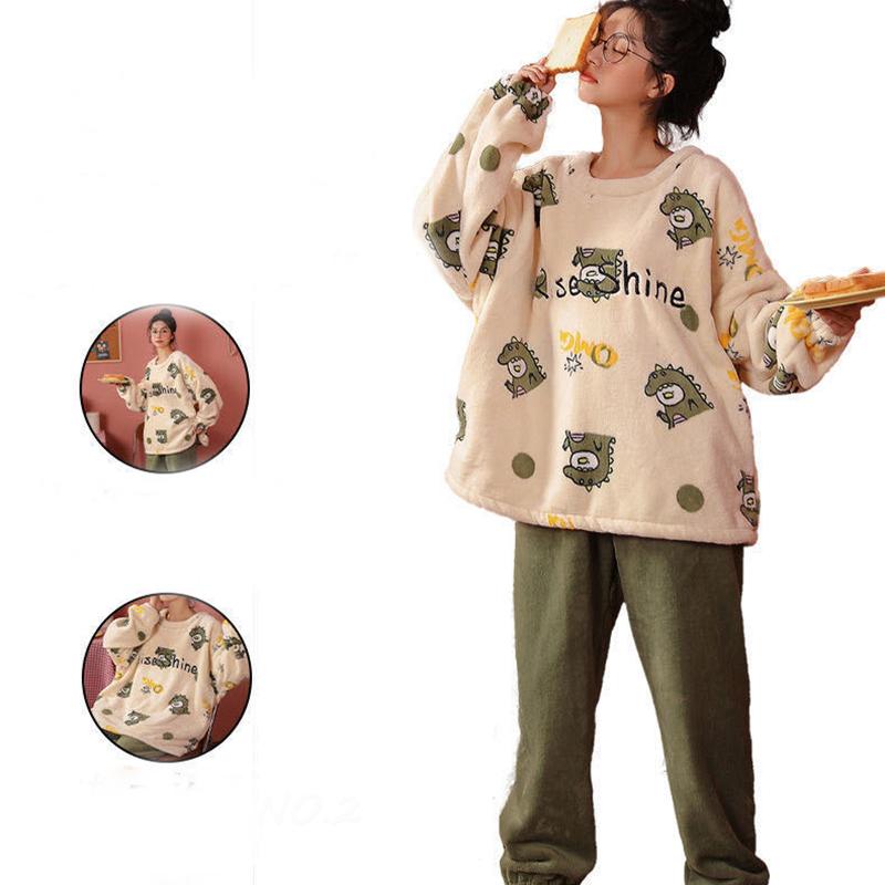 Podzimní a zimní dámy Flanel Sladký a roztomilý potištěný pyžamový oblek Coral Fleece Volné svrchní oblečení Pyžamo Party