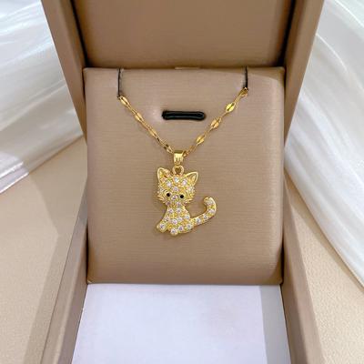 Cute Kitten Light Luxury Temperament Gorgeous Full Diamond Necklace Female Versatile Collarbone Chain Titanium Steel Chain