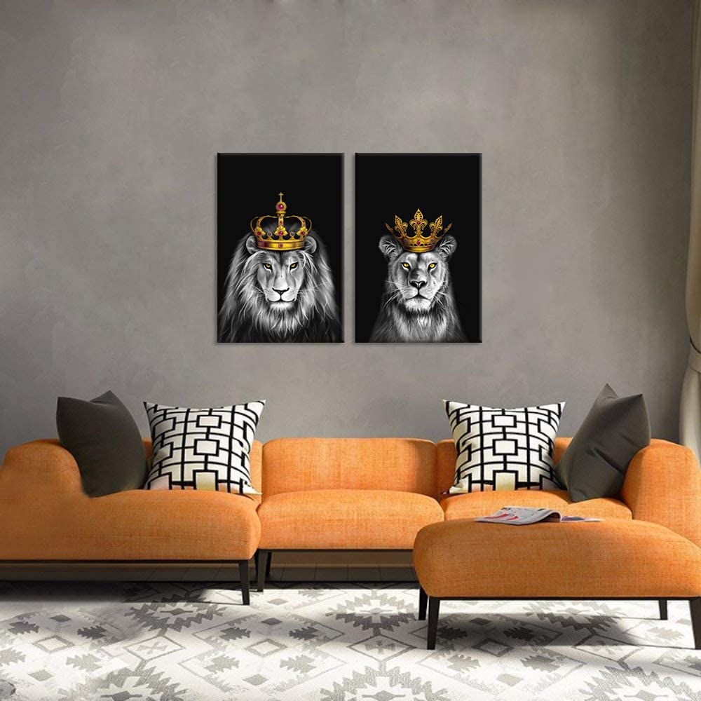 Buy Lion and Lioness Canvas Wall Art Black and White Lion with Gold ...