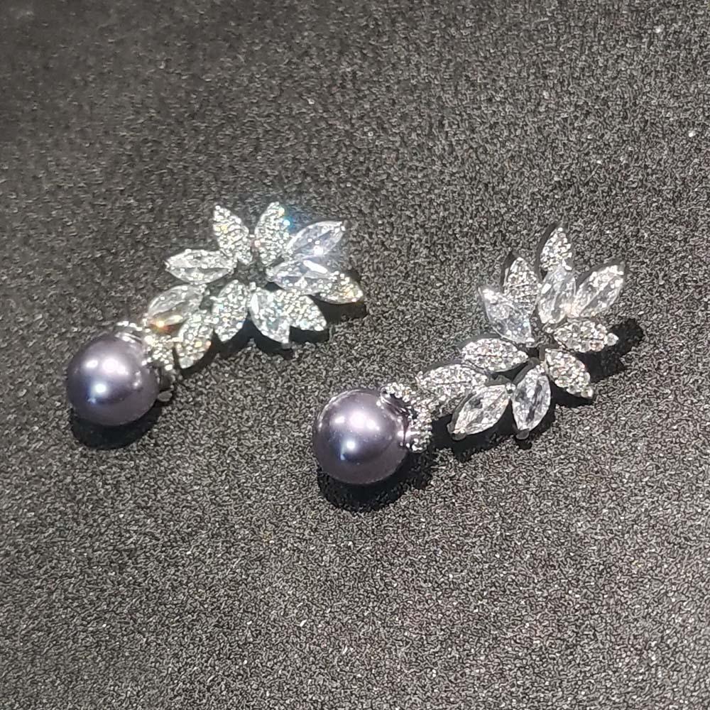 Silver Flower Zirconia Pearl Dangle Earrings for Women