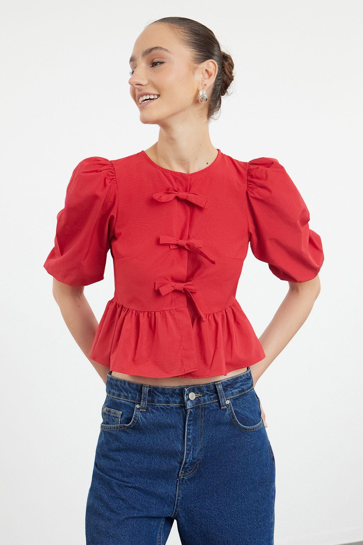 

Women s Fashion Red Balloon Sleeve Woven Shirt with Tie Detail XS