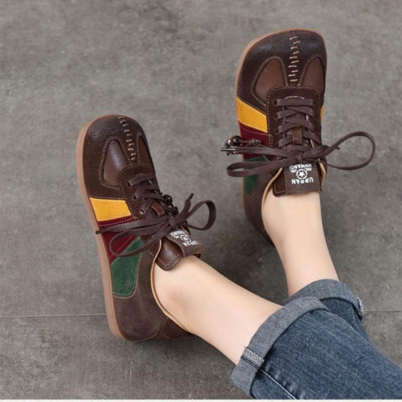 Johnature Flat Lace Up Women's Shoes Genuine Leather Retro Mixed Colors Versatile All Season Shoes