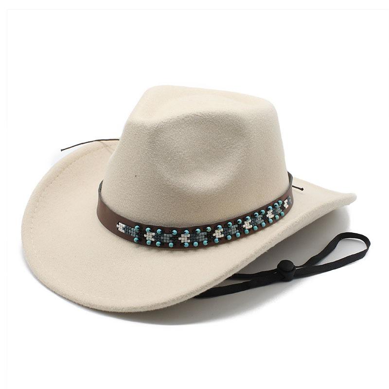 Tibetan Style Western Cowboy Hat Large Brim Wool Felt Hat 10 Colors Windproof Rope