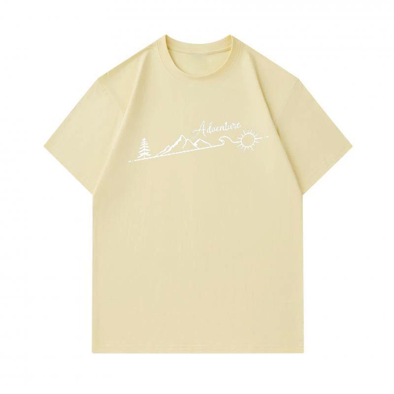 Men's 100% Cotton Crew Neck Short Sleeve T-Shirt, Casual Adventure Mountain Pine Sun Print Soft Breathable Summer Tee for Daily Outdoor Wear