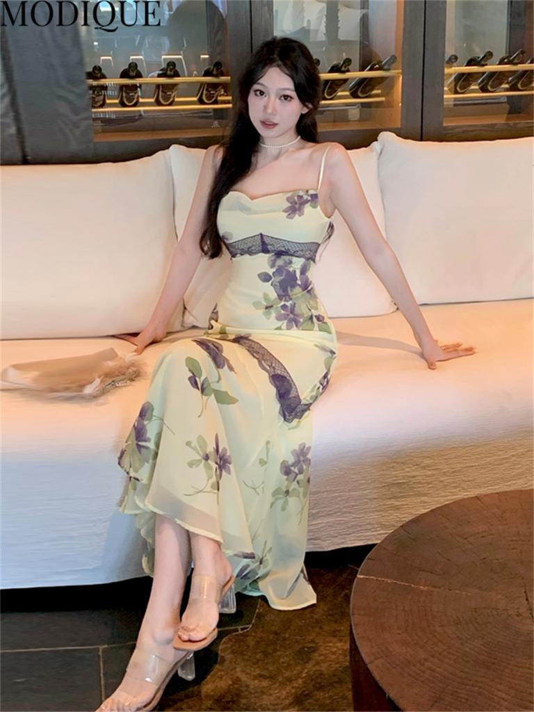 MODIQUE Summer Women Elegant Floral Print Casual Beach Backless Mesh Gauze Chiffon Girly Halter Long Dresses Lady Fairycore Atmosphere Hip Wrap Dress