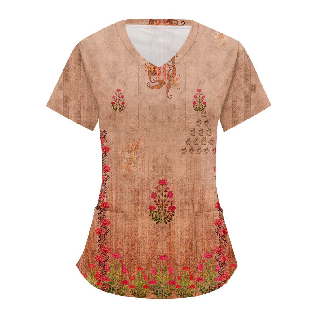 Women's Retro Floral  Printed Short Sleeve V-neck Tops Working Pocket Blouse