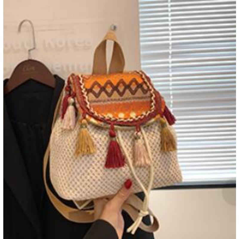 Новый плетеный из соломы маленький рюкзак, Модный плетеный из соломы рюкзак-ведро с кисточками в этническом стиле Фэн-шуй, Рюкзак, Дорожный рюкзак