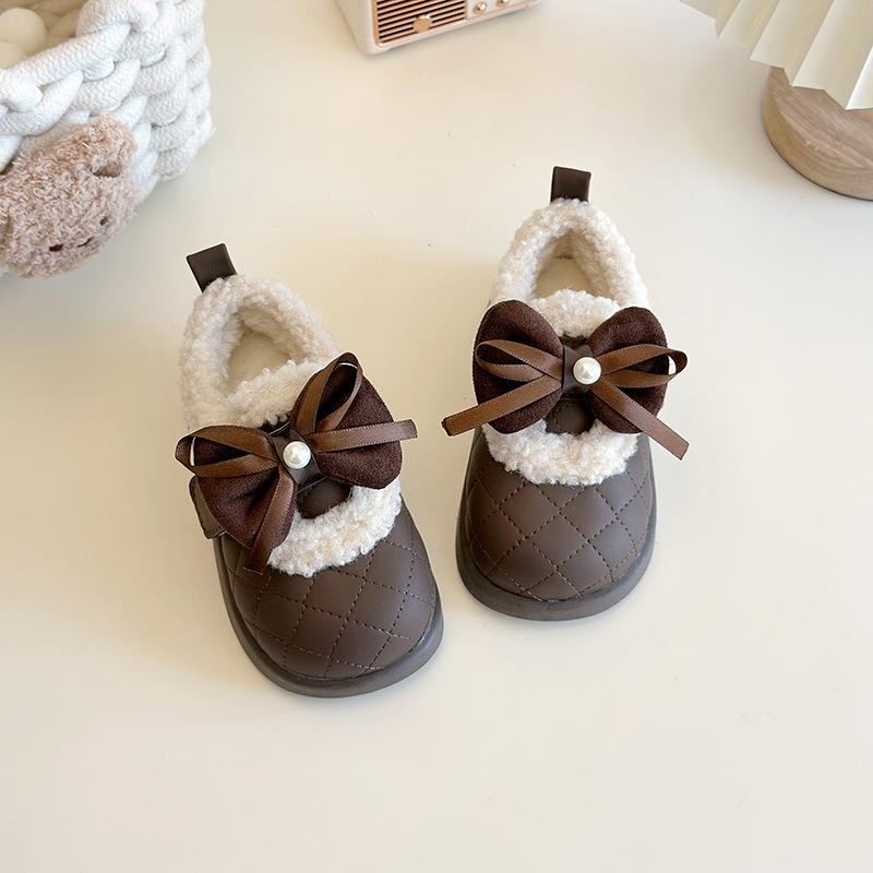 Girls' Winter Cotton Loafers with Bows - Cozy Low-Top Furry Shoes for Toddlers and Kids