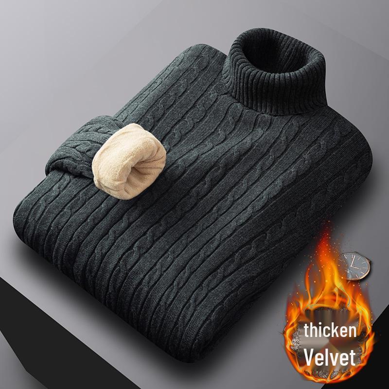 Men's Luxury All-Cotton Knitted Pullover - Thick, Solid Color, Velvet-Lined Cable Knit for Autumn and Winter