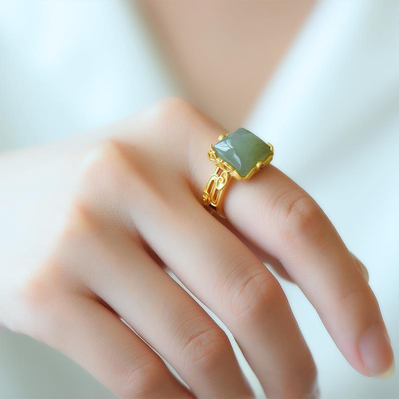 Natural Hetian Jade-Inspired Square Ring with Retro Chinese Style and Gilded Auspicious Clouds Design