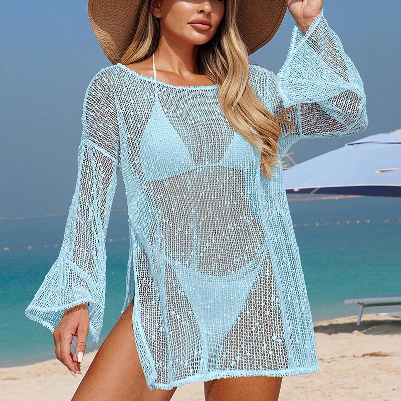 

Пуловер вільного крою однотонний з розрізами з боків, в язаний, з вирізами, прозорий, сексуальний, пляжний, для захисту від сонця, блуза для бікіні L синій